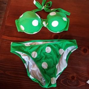 J. Crew polka dot bikini 1950's pin up style green